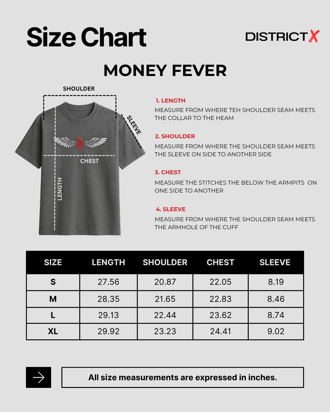 Size chart for Money Fever Tee