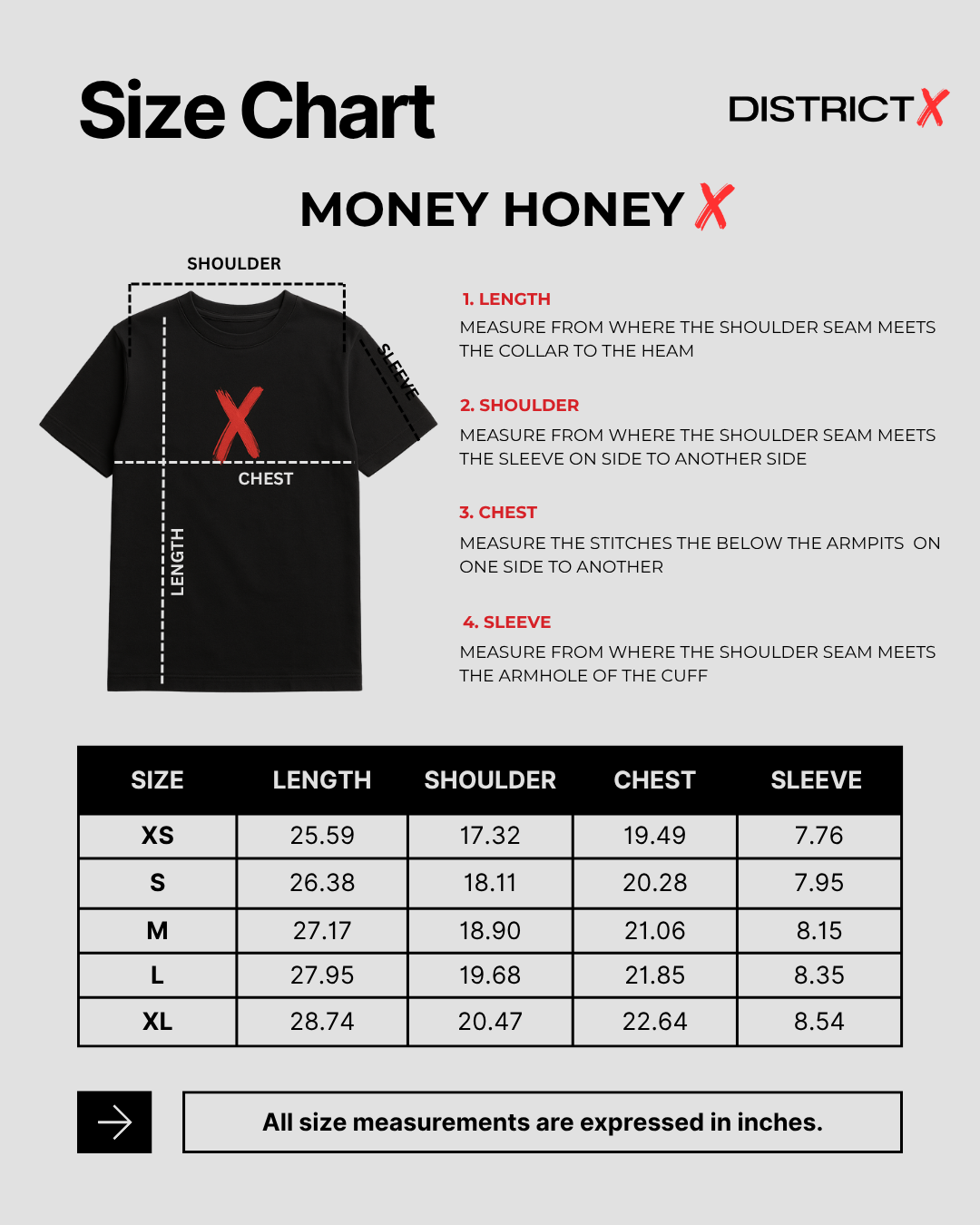 Size chart for Money Honey Tee