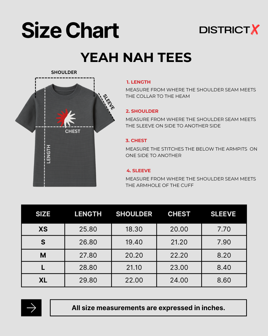 Size chart for Yeah Nah! Tee