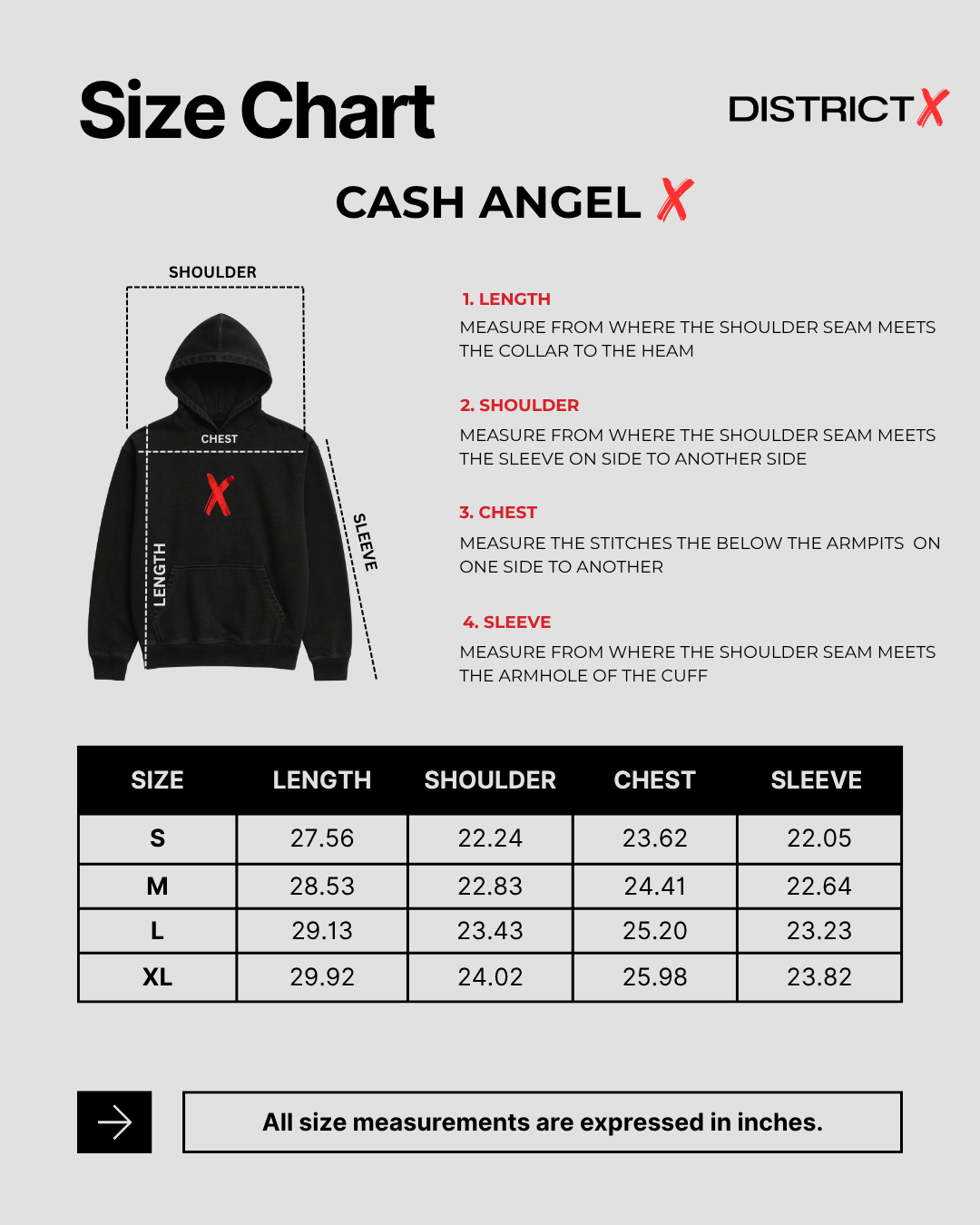 Size chart for Cash Angel Summer Hoodie