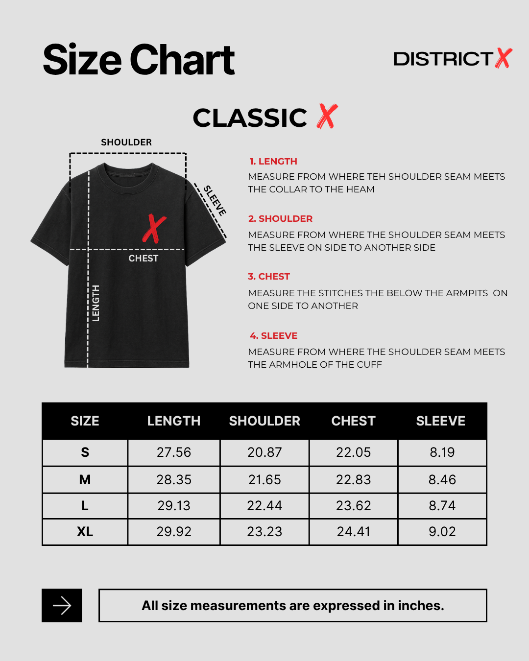 Size chart for Classic X